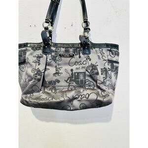 COACH Grey Black Stage Coach Horse Printed Fabric Y2K Leather Tote Handbag